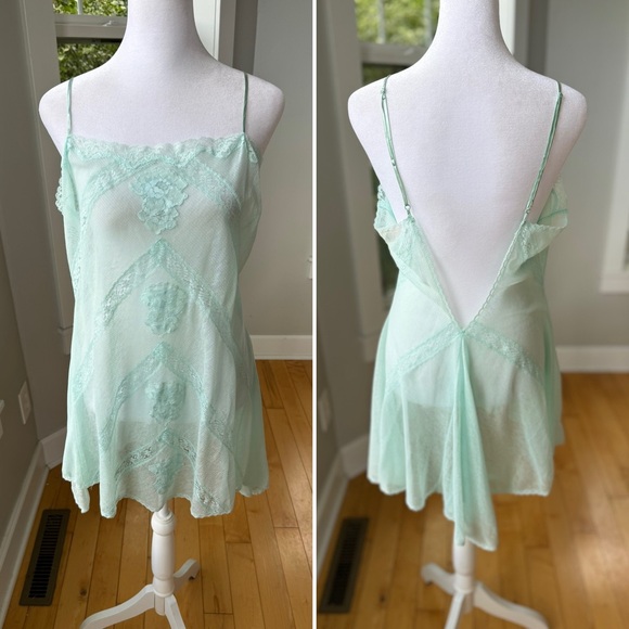 Victoria's Secret Other - Victoria’s Secret Mint Blue Green Lace Mesh Backless Chemise Sheer Slip Dress M